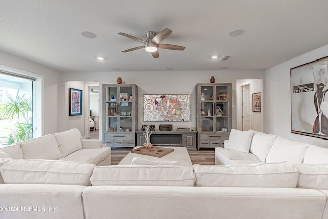 living room featuring ceiling fan and hardwood / wood-style flooring