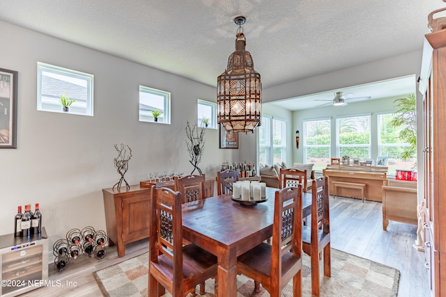 dining area with a textured ceiling, light hardwood / wood-style floors, and ceiling fan with notable chandelier