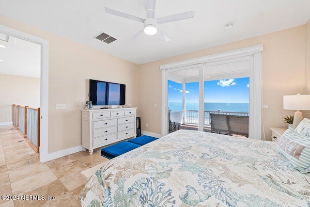 tiled bedroom with a water view, access to exterior, and ceiling fan