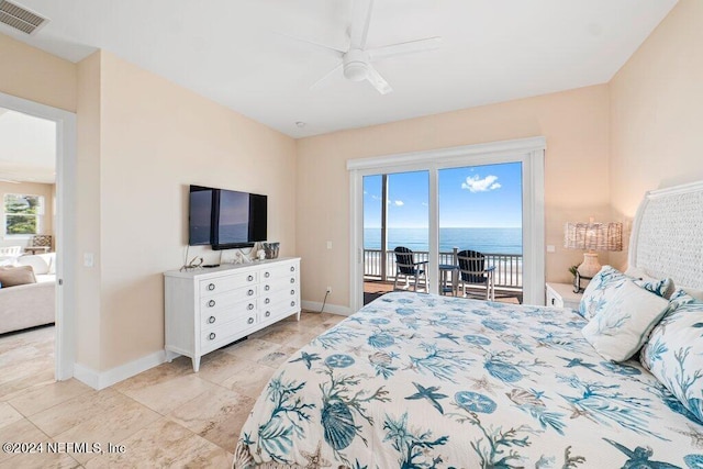 bedroom featuring a water view, light tile floors, ceiling fan, and access to outside