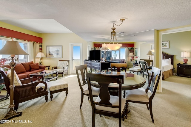 carpeted dining area with a textured ceiling and a wealth of natural light