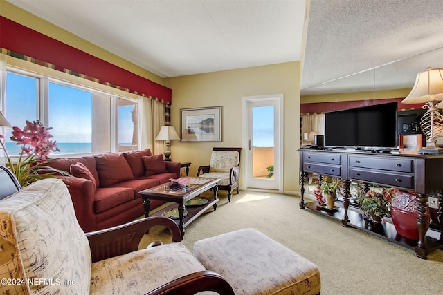 living room with a water view, a textured ceiling, light colored carpet, and a wealth of natural light