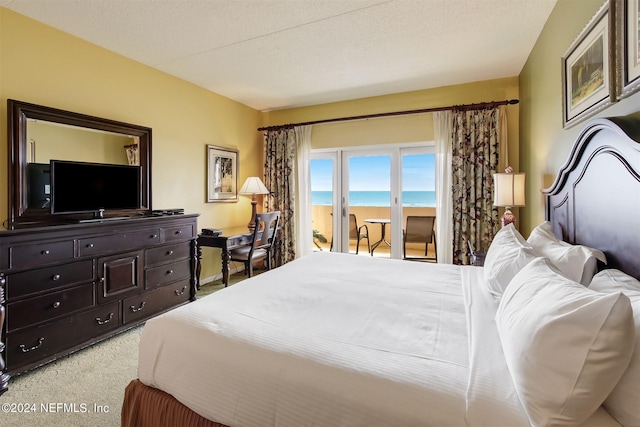 carpeted bedroom with a water view