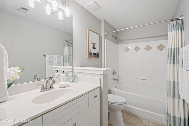 full bathroom with toilet, a textured ceiling, vanity, shower / bath combination with curtain, and tile floors