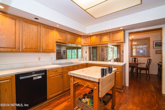 kitchen with black appliances and dark hardwood / wood-style flooring