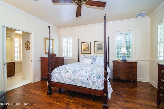 bedroom with crown molding, wood-type flooring, ceiling fan, and multiple windows