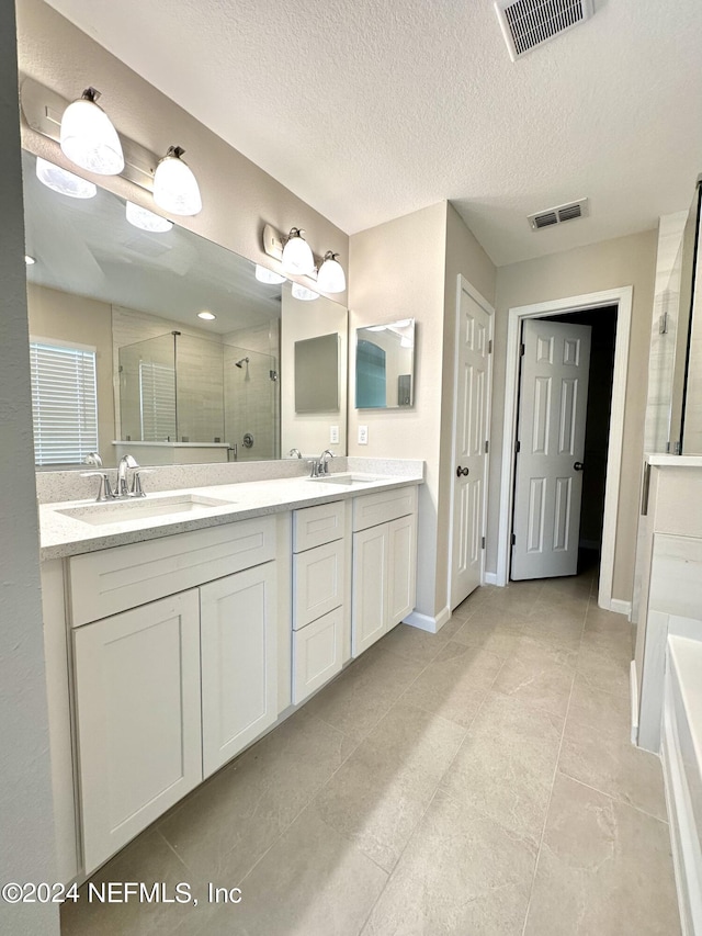 full bathroom featuring double vanity, a shower stall, visible vents, and a sink