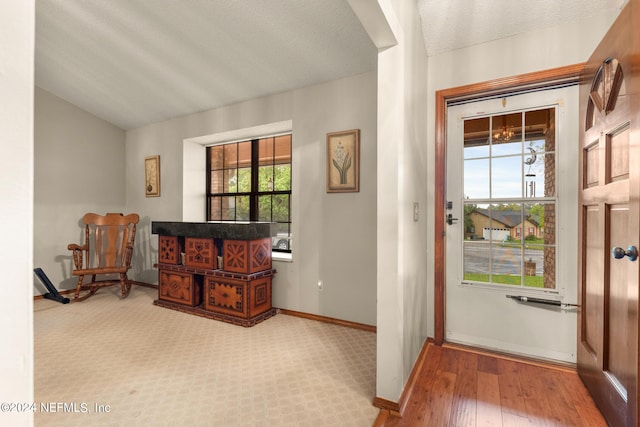 entryway featuring lofted ceiling, light hardwood / wood-style flooring, a textured ceiling, and a wealth of natural light