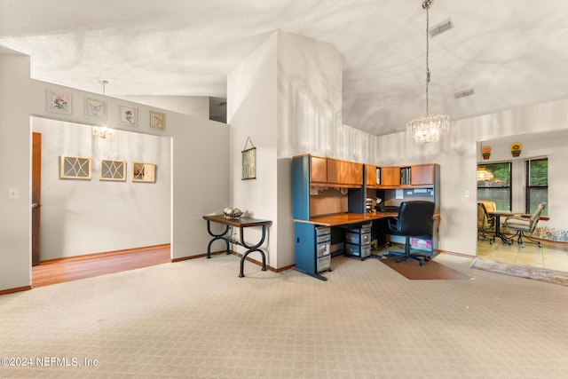 interior space with vaulted ceiling and a chandelier