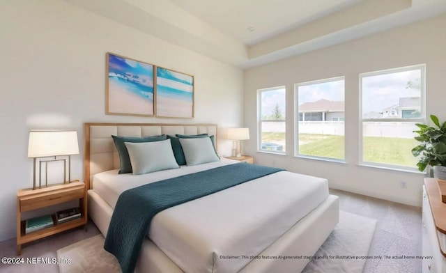 bedroom with a tray ceiling and light colored carpet