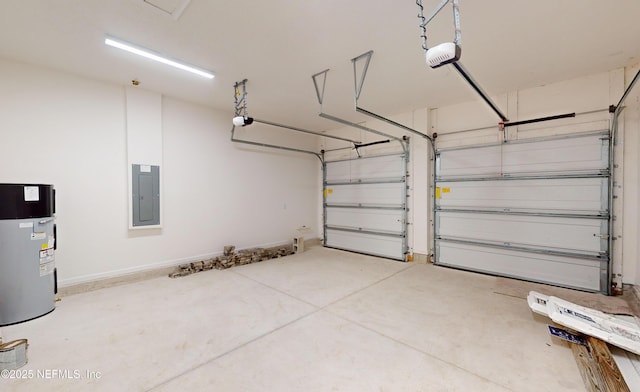 garage featuring electric panel, a garage door opener, and water heater