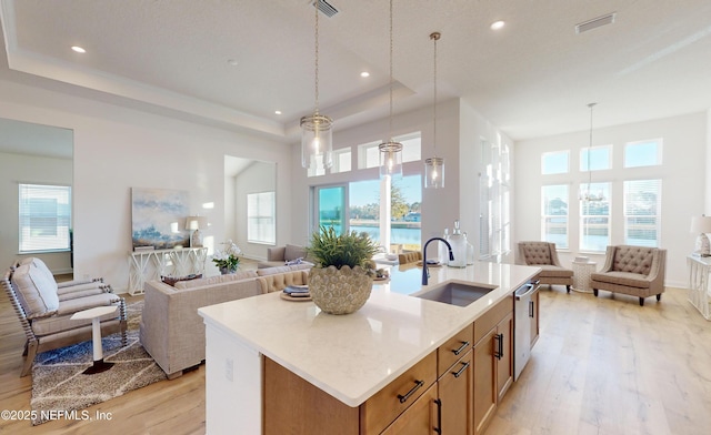 kitchen with sink, light hardwood / wood-style flooring, an island with sink, a tray ceiling, and decorative light fixtures