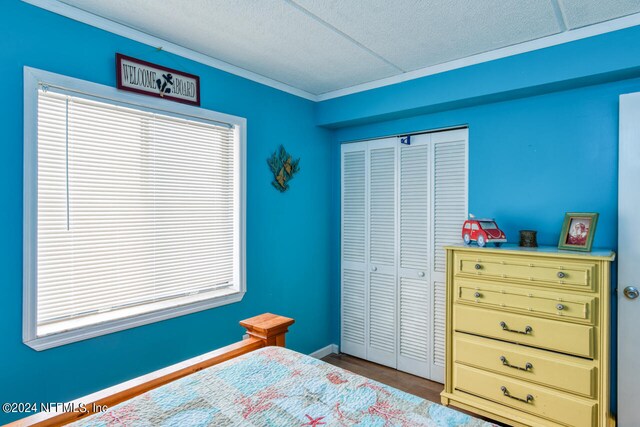 bedroom with a closet and hardwood / wood-style flooring