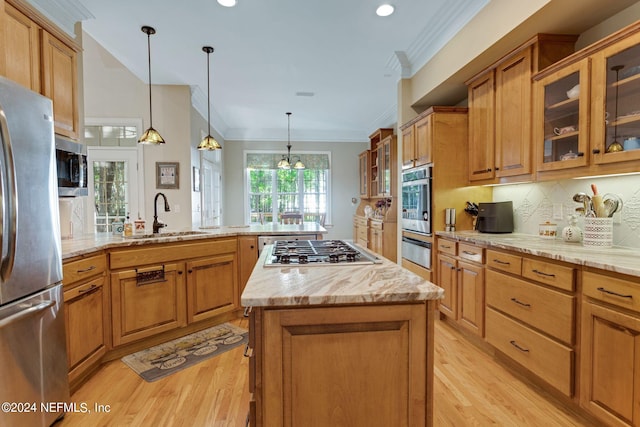 kitchen featuring backsplash, pendant lighting, light hardwood / wood-style floors, and stainless steel appliances