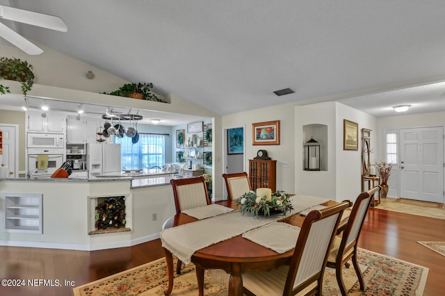 dining room featuring lofted ceiling, light hardwood / wood-style floors, and a textured ceiling