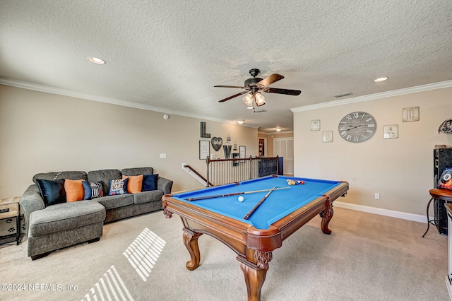 game room with light carpet, crown molding, billiards, and ceiling fan