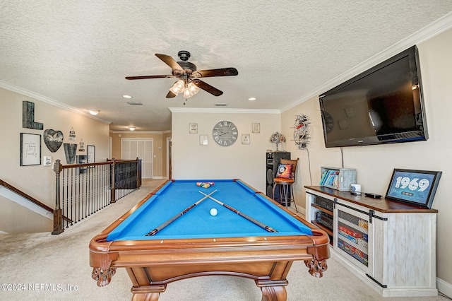 rec room with light carpet, ornamental molding, ceiling fan, and pool table