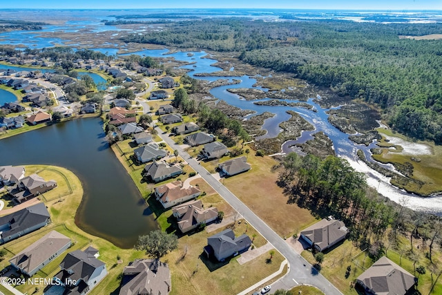 aerial view featuring a water view