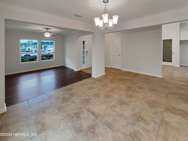 tiled empty room featuring crown molding and ceiling fan with notable chandelier