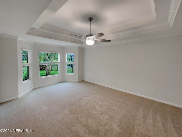 unfurnished room with a raised ceiling, light carpet, ceiling fan, and ornamental molding