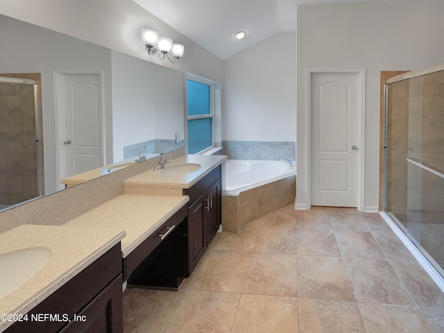 bathroom featuring vanity, lofted ceiling, independent shower and bath, a notable chandelier, and tile flooring