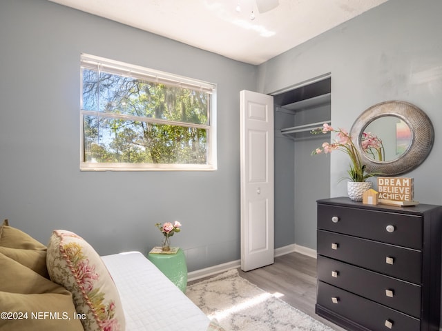 bedroom with a closet and light hardwood / wood-style floors