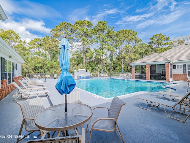 view of swimming pool with a patio