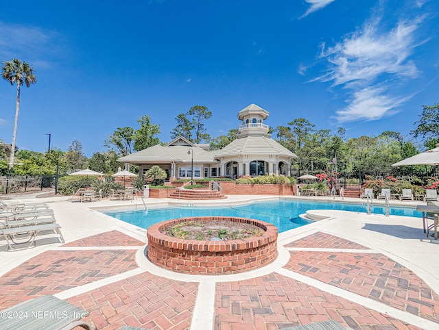 view of swimming pool with a patio