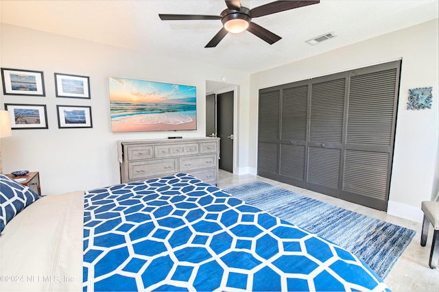 bedroom with ceiling fan, light hardwood / wood-style flooring, and a closet