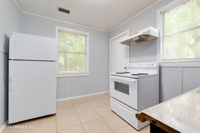 kitchen featuring under cabinet range hood, white appliances, visible vents, light countertops, and crown molding