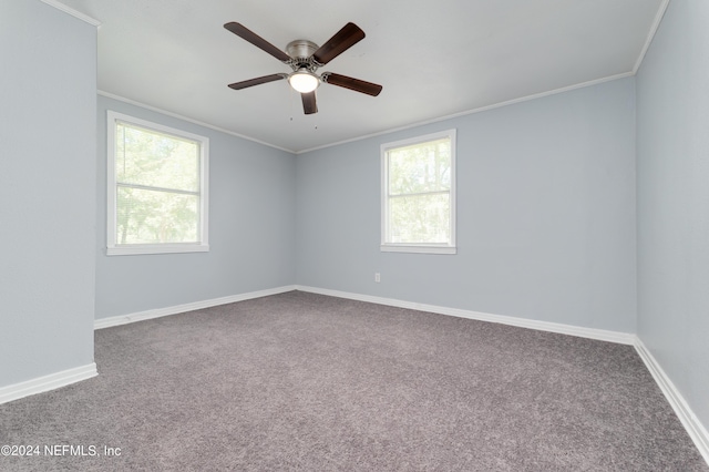 empty room featuring ornamental molding, carpet, a healthy amount of sunlight, and baseboards