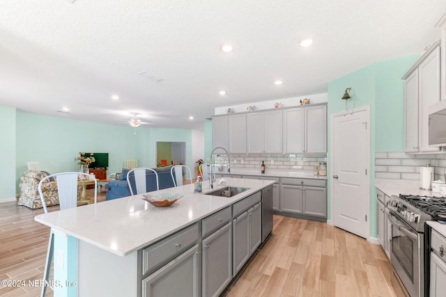 kitchen with gray cabinetry, sink, stainless steel appliances, backsplash, and an island with sink