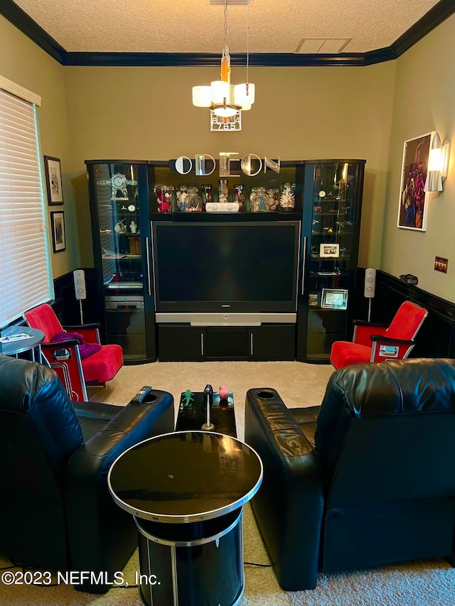 carpeted living room with a notable chandelier, a textured ceiling, and ornamental molding