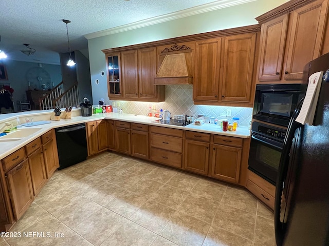 kitchen with custom range hood, pendant lighting, light tile floors, sink, and black appliances