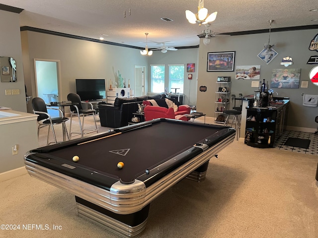 recreation room featuring light colored carpet, a textured ceiling, pool table, and ceiling fan with notable chandelier