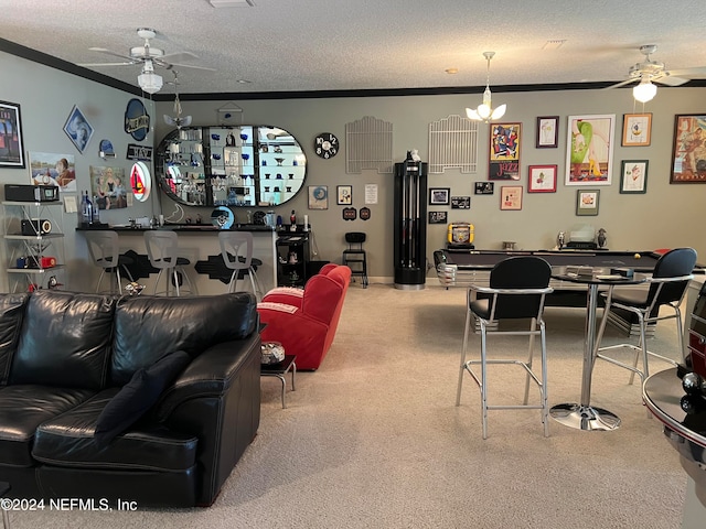 carpeted living room with a textured ceiling, pool table, and ceiling fan with notable chandelier