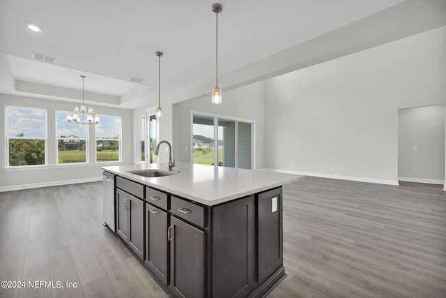 kitchen with a raised ceiling, sink, stainless steel dishwasher, and light hardwood / wood-style flooring