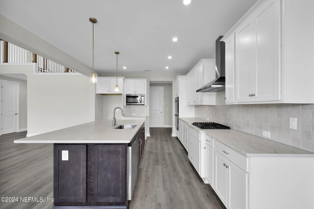 kitchen with wood finished floors, a sink, white cabinetry, wall chimney range hood, and appliances with stainless steel finishes