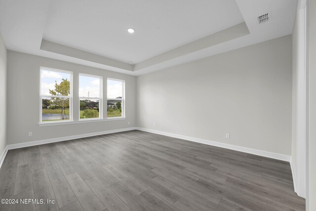 empty room featuring a raised ceiling and hardwood / wood-style flooring