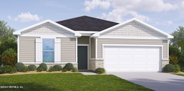 craftsman-style home featuring a garage and a front lawn