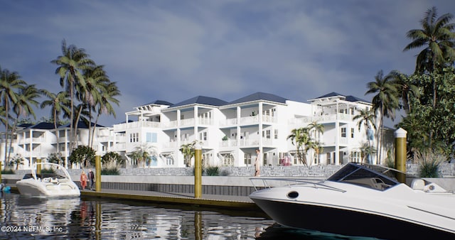 view of building exterior with a water view