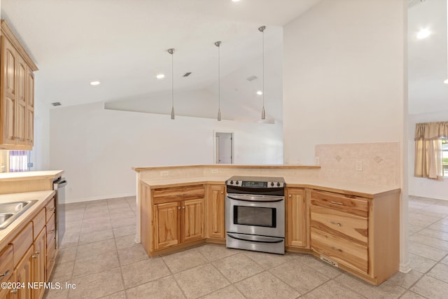 kitchen featuring appliances with stainless steel finishes, kitchen peninsula, light tile flooring, and pendant lighting