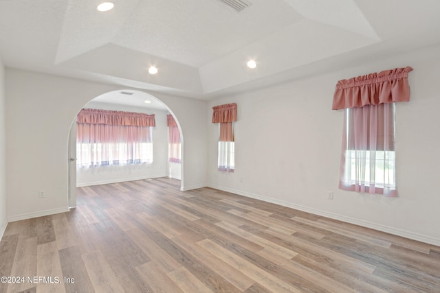 empty room with wood-type flooring and a raised ceiling