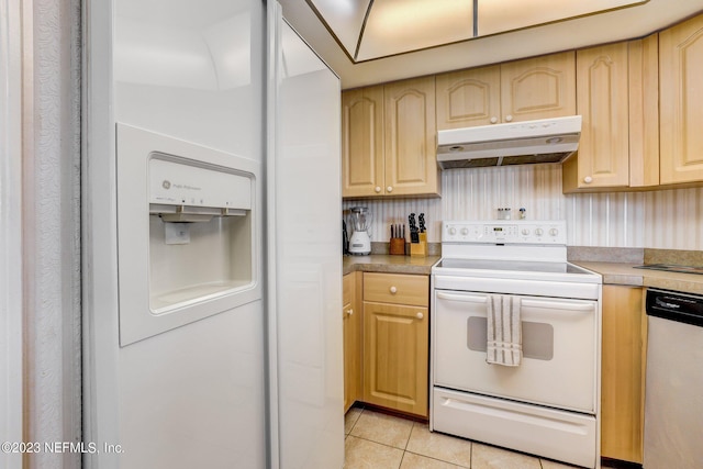 kitchen featuring light brown cabinetry, white appliances, and light tile floors