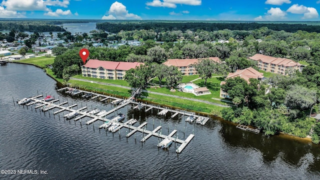 bird's eye view with a water view