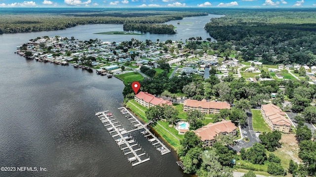 bird's eye view with a water view