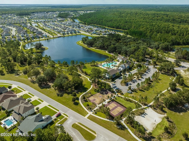 bird's eye view with a water view and a view of trees