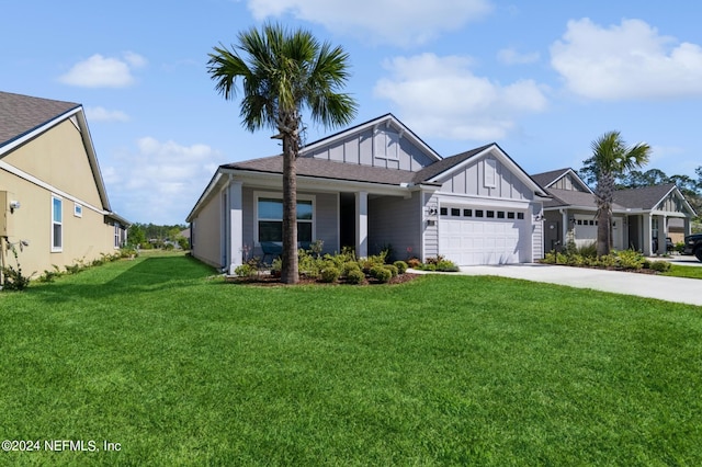 view of front of property featuring an attached garage, a front yard, board and batten siding, and concrete driveway