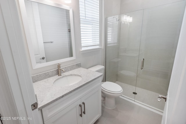 full bathroom with vanity, a shower stall, toilet, and tile patterned floors