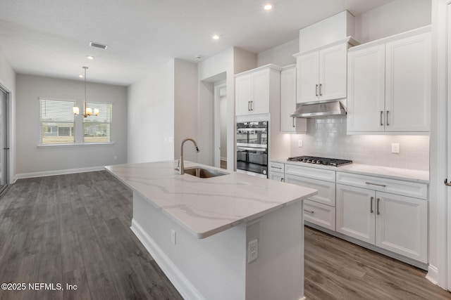 kitchen with white cabinetry, a center island with sink, under cabinet range hood, and a sink